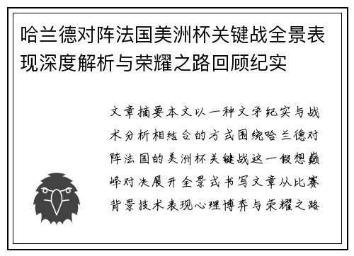 哈兰德对阵法国美洲杯关键战全景表现深度解析与荣耀之路回顾纪实