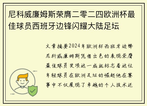 尼科威廉姆斯荣膺二零二四欧洲杯最佳球员西班牙边锋闪耀大陆足坛